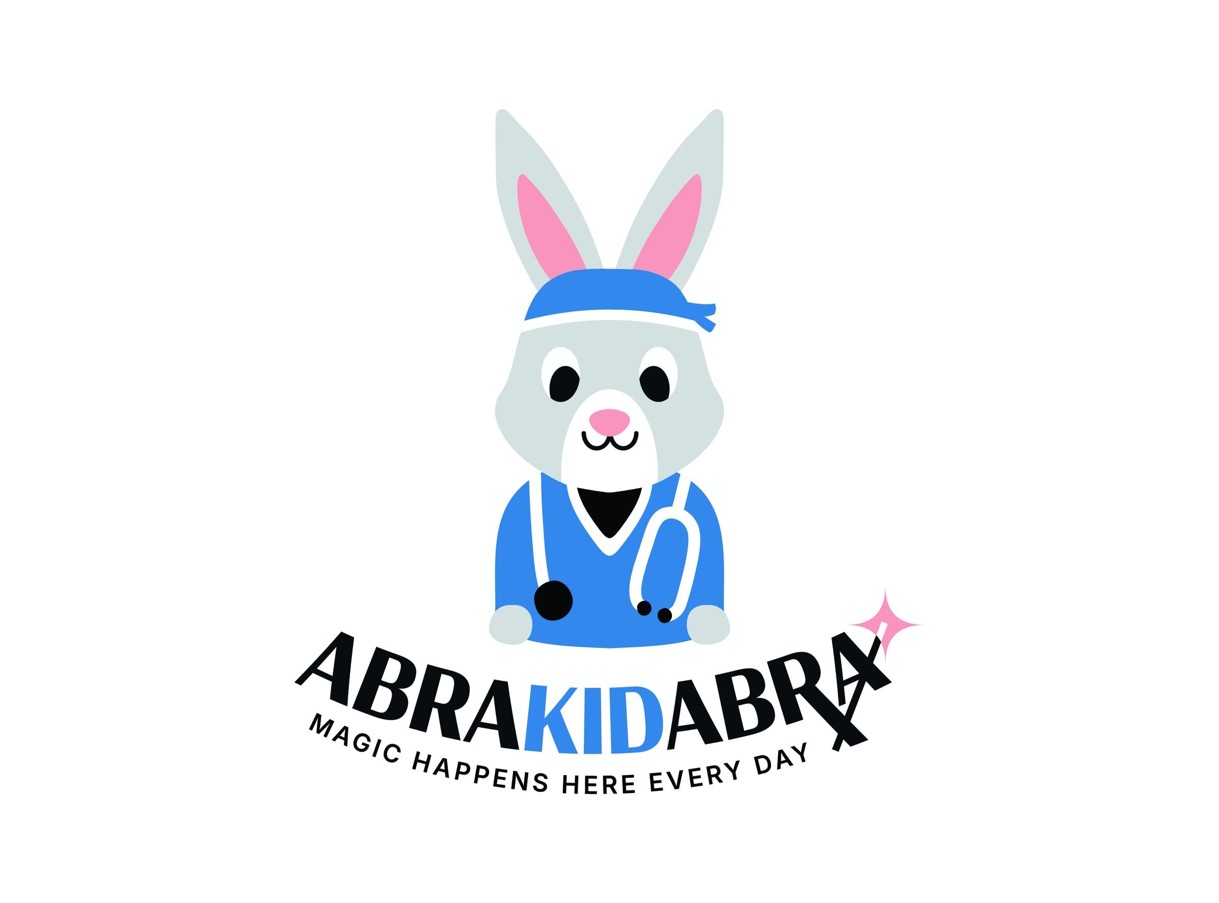 AbraKidAbra pediatric care logo with a bunny in scrubs