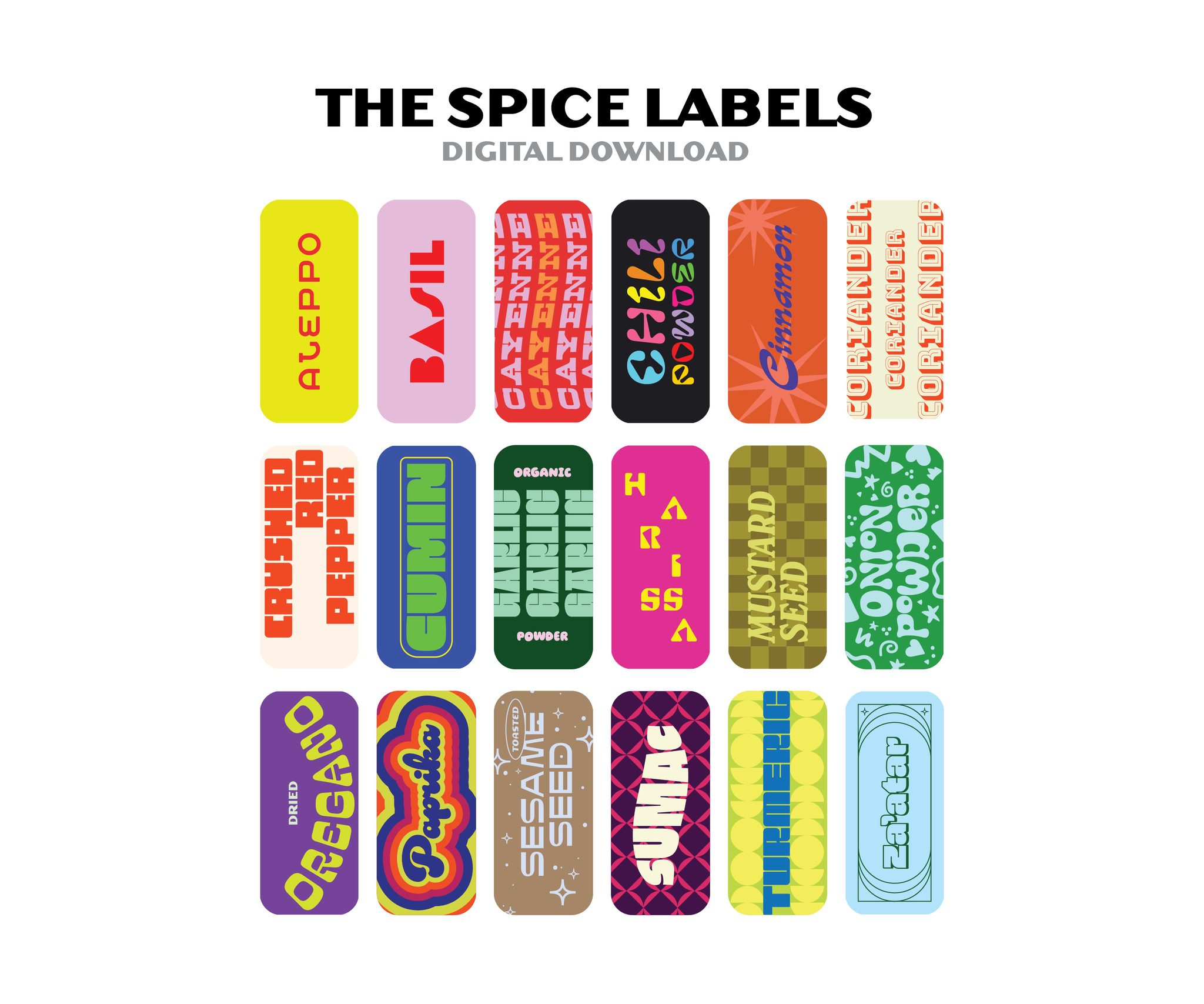 The Spice Labels digital download cover with all 18 label designs
