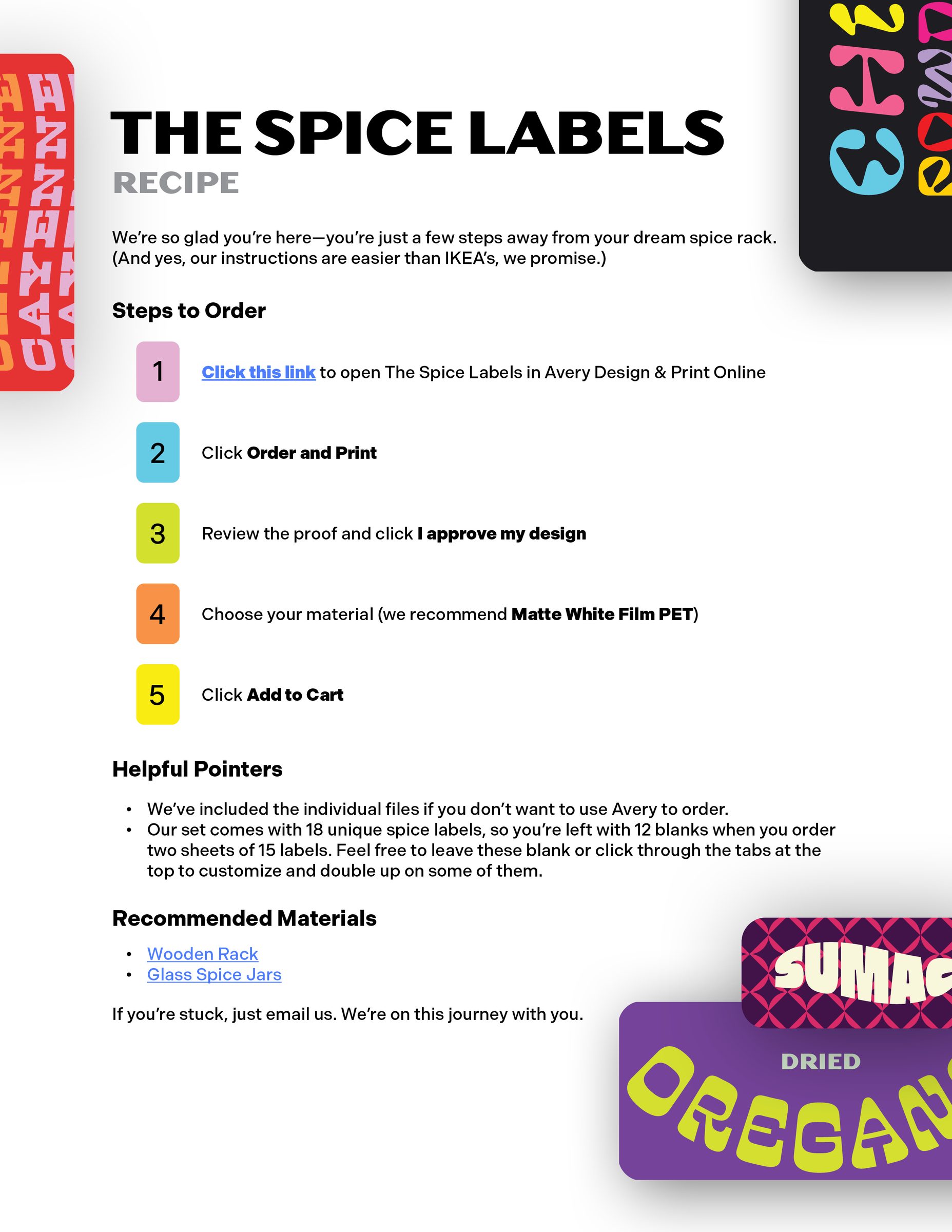 The Spice Labels order instructions page